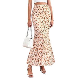 imagePRETTYGARDEN Womens Maxi Skirt 2026 Summer Flowy Polka Dot Floral High Waisted Mermaid Office Work Spring Long Slip SkirtsBrown Floral