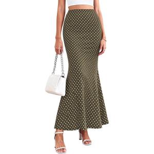 imagePRETTYGARDEN Womens Maxi Skirt 2026 Summer Flowy Polka Dot Floral High Waisted Mermaid Office Work Spring Long Slip SkirtsDot Army Green White