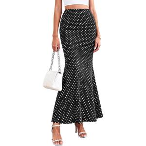 imagePRETTYGARDEN Womens Maxi Skirt 2026 Summer Flowy Polka Dot Floral High Waisted Mermaid Office Work Spring Long Slip SkirtsDot Black White