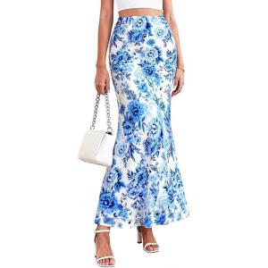 imagePRETTYGARDEN Womens Maxi Skirt 2026 Summer Flowy Polka Dot Floral High Waisted Mermaid Office Work Spring Long Slip SkirtsWhite Blue Flower