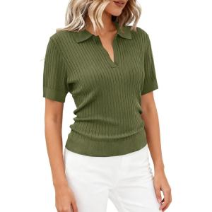 imagePRETTYGARDEN Womens Short Sleeve Sweater 2026 Spring Polo Shirts Ribbed Knit V Neck Business Casual Tops Summer Work ClothesArmy Green