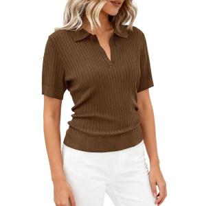 imagePRETTYGARDEN Womens Short Sleeve Sweater 2026 Spring Polo Shirts Ribbed Knit V Neck Business Casual Tops Summer Work ClothesBrown