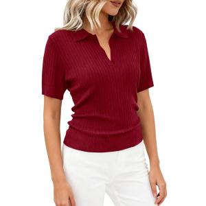 imagePRETTYGARDEN Womens Short Sleeve Sweater 2026 Spring Polo Shirts Ribbed Knit V Neck Business Casual Tops Summer Work ClothesBurgundy