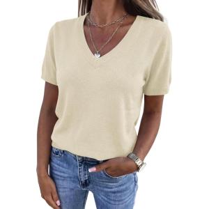 imagePRETTYGARDEN Womens Short Sleeve Sweater V Neck Trendy Pullover Tops 2026 Summer Spring Loose Lightweight Casual BlouseBeige