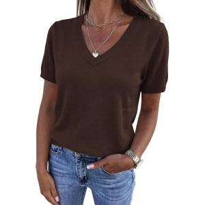 imagePRETTYGARDEN Womens Short Sleeve Sweater V Neck Trendy Pullover Tops 2026 Summer Spring Loose Lightweight Casual BlouseBrown