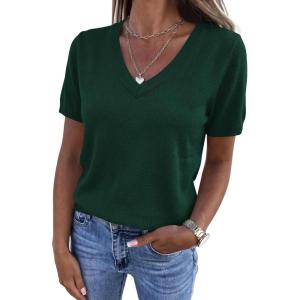imagePRETTYGARDEN Womens Short Sleeve Sweater V Neck Trendy Pullover Tops 2026 Summer Spring Loose Lightweight Casual BlouseDark Green