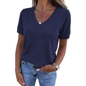 imagePRETTYGARDEN Womens Short Sleeve Sweater V Neck Trendy Pullover Tops 2026 Summer Spring Loose Lightweight Casual BlouseNavy Blue