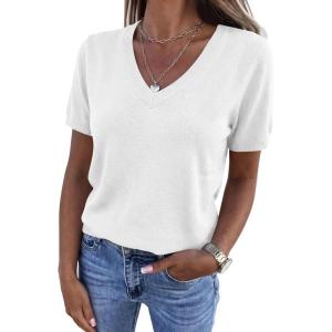 imagePRETTYGARDEN Womens Short Sleeve Sweater V Neck Trendy Pullover Tops 2026 Summer Spring Loose Lightweight Casual BlouseWhite