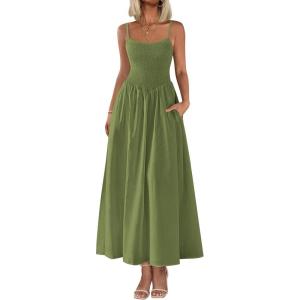 imagePRETTYGARDEN Womens Smocked Maxi Dresses 2026 Summer Sundress Casual Spaghetti Strap Swing A Line Long Flowy Beach DressArmy Green