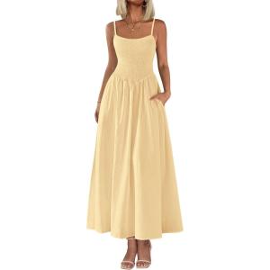 imagePRETTYGARDEN Womens Smocked Maxi Dresses 2026 Summer Sundress Casual Spaghetti Strap Swing A Line Long Flowy Beach DressBeige