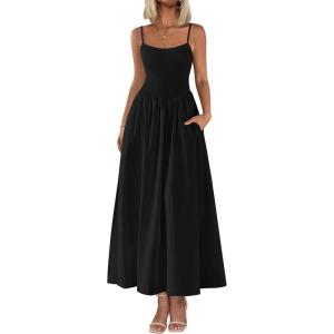 imagePRETTYGARDEN Womens Smocked Maxi Dresses 2026 Summer Sundress Casual Spaghetti Strap Swing A Line Long Flowy Beach DressBlack