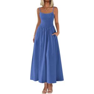 imagePRETTYGARDEN Womens Smocked Maxi Dresses 2026 Summer Sundress Casual Spaghetti Strap Swing A Line Long Flowy Beach DressBlue