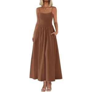 imagePRETTYGARDEN Womens Smocked Maxi Dresses 2026 Summer Sundress Casual Spaghetti Strap Swing A Line Long Flowy Beach DressBrown