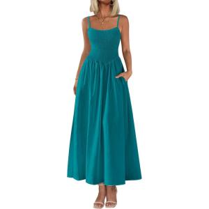 imagePRETTYGARDEN Womens Smocked Maxi Dresses 2026 Summer Sundress Casual Spaghetti Strap Swing A Line Long Flowy Beach DressLake Blue
