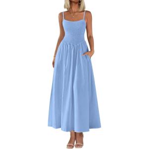 imagePRETTYGARDEN Womens Smocked Maxi Dresses 2026 Summer Sundress Casual Spaghetti Strap Swing A Line Long Flowy Beach DressLight Blue