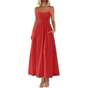imagePRETTYGARDEN Womens Smocked Maxi Dresses 2026 Summer Sundress Casual Spaghetti Strap Swing A Line Long Flowy Beach DressRed