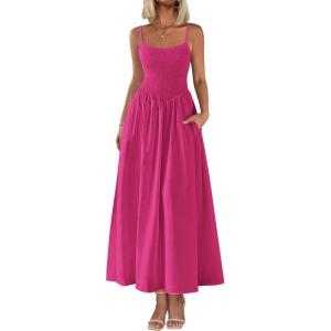 imagePRETTYGARDEN Womens Smocked Maxi Dresses 2026 Summer Sundress Casual Spaghetti Strap Swing A Line Long Flowy Beach DressRose Red