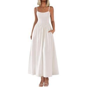 imagePRETTYGARDEN Womens Smocked Maxi Dresses 2026 Summer Sundress Casual Spaghetti Strap Swing A Line Long Flowy Beach DressWhite