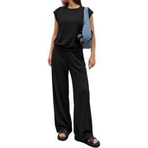 imagePRETTYGARDEN Womens Summer 2 Piece Lounge Sets 2026 Cap Sleeve Tops Wide Leg Pants Workout Sets Loose Casual TracksuitBlack