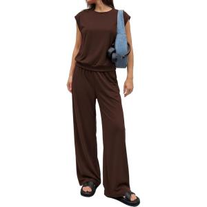 imagePRETTYGARDEN Womens Summer 2 Piece Lounge Sets 2026 Cap Sleeve Tops Wide Leg Pants Workout Sets Loose Casual TracksuitBrown