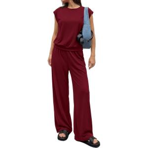 imagePRETTYGARDEN Womens Summer 2 Piece Lounge Sets 2026 Cap Sleeve Tops Wide Leg Pants Workout Sets Loose Casual TracksuitBurgundy