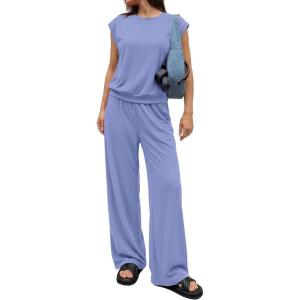 imagePRETTYGARDEN Womens Summer 2 Piece Lounge Sets 2026 Cap Sleeve Tops Wide Leg Pants Workout Sets Loose Casual TracksuitLight Blue