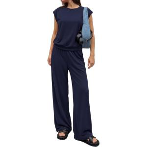 imagePRETTYGARDEN Womens Summer 2 Piece Lounge Sets 2026 Cap Sleeve Tops Wide Leg Pants Workout Sets Loose Casual TracksuitNavy Blue