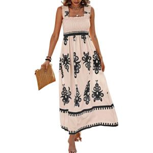 imagePRETTYGARDEN Womens Summer Boho Maxi Dress 2026 Casual Sleeveless Square Neck Floral Aline Smocked Beach Dresses with PocketsFloral Apricot Black