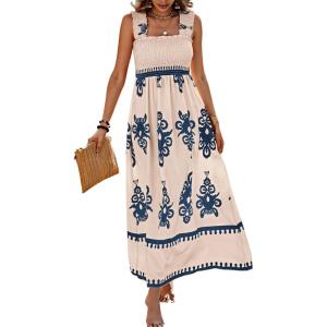 imagePRETTYGARDEN Womens Summer Boho Maxi Dress 2026 Casual Sleeveless Square Neck Floral Aline Smocked Beach Dresses with PocketsFloral Apricot Navy