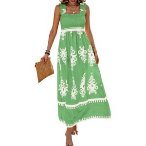 imagePRETTYGARDEN Womens Summer Boho Maxi Dress 2026 Casual Sleeveless Square Neck Floral Aline Smocked Beach Dresses with PocketsFloral Green White