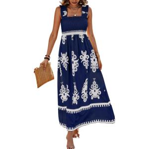imagePRETTYGARDEN Womens Summer Boho Maxi Dress 2026 Casual Sleeveless Square Neck Floral Aline Smocked Beach Dresses with PocketsFloral Navy White