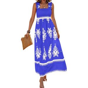 imagePRETTYGARDEN Womens Summer Boho Maxi Dress 2026 Casual Sleeveless Square Neck Floral Aline Smocked Beach Dresses with PocketsFloral Royal Blue White