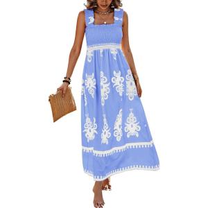 imagePRETTYGARDEN Womens Summer Boho Maxi Dress 2026 Casual Sleeveless Square Neck Floral Aline Smocked Beach Dresses with PocketsFloral Sky Blue White