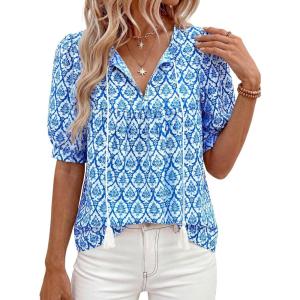 imagePRETTYGARDEN Womens Summer Boho Tops 2026 Vacation Outfits Casual Tie Front V Neck Peasant Blouses Puff Short Sleeve ShirtsFloral Blue