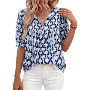 imagePRETTYGARDEN Womens Summer Boho Tops 2026 Vacation Outfits Casual Tie Front V Neck Peasant Blouses Puff Short Sleeve ShirtsFloral Navy