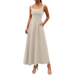 imagePRETTYGARDEN Womens Summer Dresses 2026 Sleeveless Elegant Square Neck Aline Swing Maxi Beach Wedding Guest Dress PocketsBeige