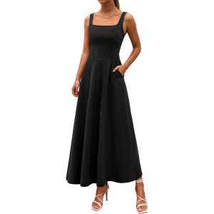 imagePRETTYGARDEN Womens Summer Dresses 2026 Sleeveless Elegant Square Neck Aline Swing Maxi Beach Wedding Guest Dress PocketsBlack