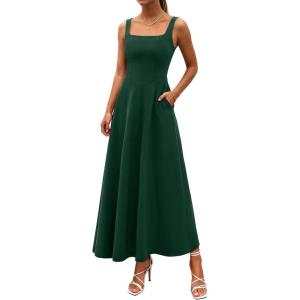 imagePRETTYGARDEN Womens Summer Dresses 2026 Sleeveless Elegant Square Neck Aline Swing Maxi Beach Wedding Guest Dress PocketsDark Green