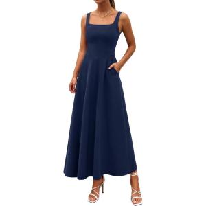imagePRETTYGARDEN Womens Summer Dresses 2026 Sleeveless Elegant Square Neck Aline Swing Maxi Beach Wedding Guest Dress PocketsNavy