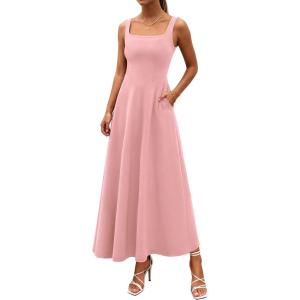 imagePRETTYGARDEN Womens Summer Dresses 2026 Sleeveless Elegant Square Neck Aline Swing Maxi Beach Wedding Guest Dress PocketsPink