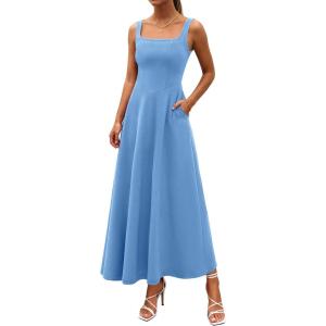 imagePRETTYGARDEN Womens Summer Dresses 2026 Sleeveless Elegant Square Neck Aline Swing Maxi Beach Wedding Guest Dress PocketsSky Blue