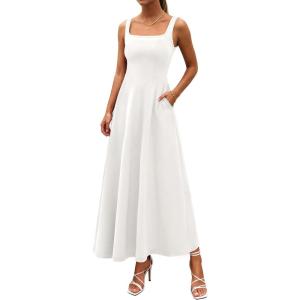 imagePRETTYGARDEN Womens Summer Dresses 2026 Sleeveless Elegant Square Neck Aline Swing Maxi Beach Wedding Guest Dress PocketsWhite