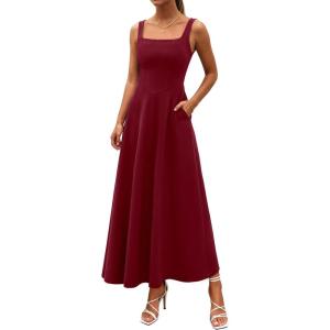 imagePRETTYGARDEN Womens Summer Dresses 2026 Sleeveless Elegant Square Neck Aline Swing Maxi Beach Wedding Guest Dress PocketsWine Red