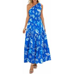 imagePRETTYGARDEN Womens Summer Floral One Shoulder Maxi Dress Knot Ruffle Boho Beach Vacation Wedding Guest Long Sun DressesBlue White Print