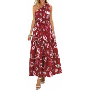 imagePRETTYGARDEN Womens Summer Floral One Shoulder Maxi Dress Knot Ruffle Boho Beach Vacation Wedding Guest Long Sun DressesWine Red Print