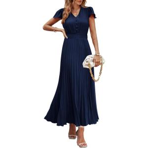 imagePRETTYGARDEN Womens Summer Maxi Dresses 2026 Trendy Casual Button V Neck Ruffle Cap Sleeve Long Flowy Spring Pleated DressNavy