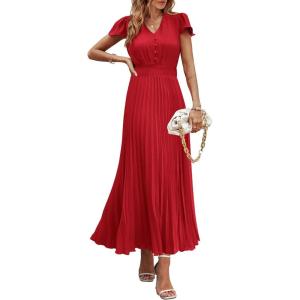 imagePRETTYGARDEN Womens Summer Maxi Dresses 2026 Trendy Casual Button V Neck Ruffle Cap Sleeve Long Flowy Spring Pleated DressRed