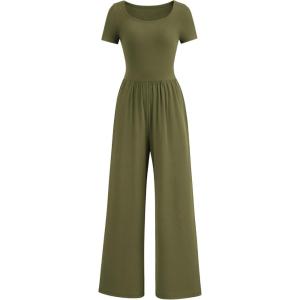 imagePRETTYGARDEN Womens Summer One Piece Jumpsuits Dressy Casual Short Sleeve Square Neck Wide Leg Rompers Travel Outfit ClothesArmy Green