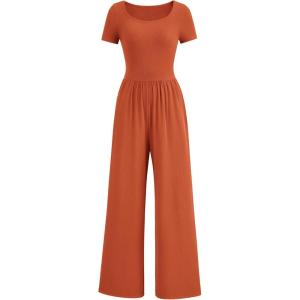 imagePRETTYGARDEN Womens Summer One Piece Jumpsuits Dressy Casual Short Sleeve Square Neck Wide Leg Rompers Travel Outfit ClothesBrick Red