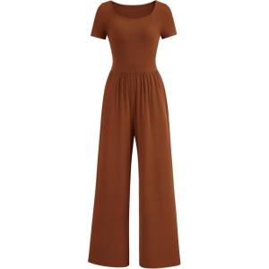 imagePRETTYGARDEN Womens Summer One Piece Jumpsuits Dressy Casual Short Sleeve Square Neck Wide Leg Rompers Travel Outfit ClothesBrown